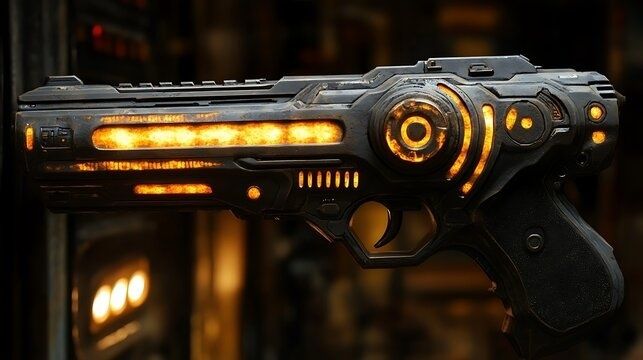 Futuristic black-and-metal sci-fi weapon with glowing orange accents
