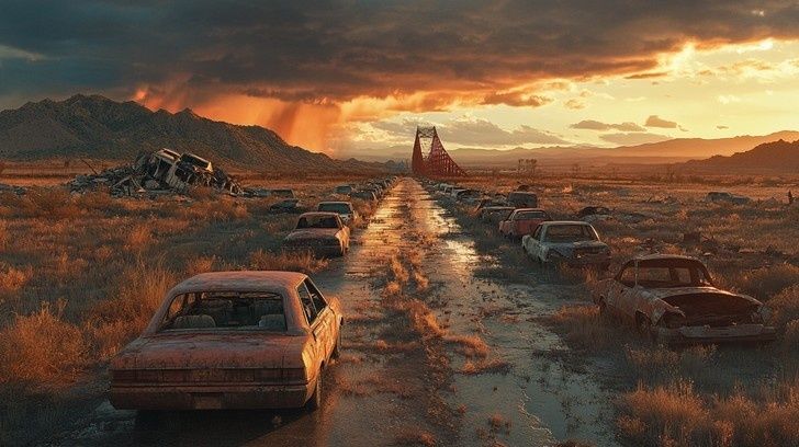 Abandoned cars line a flooded desert road beneath a fiery apocalyptic sky
